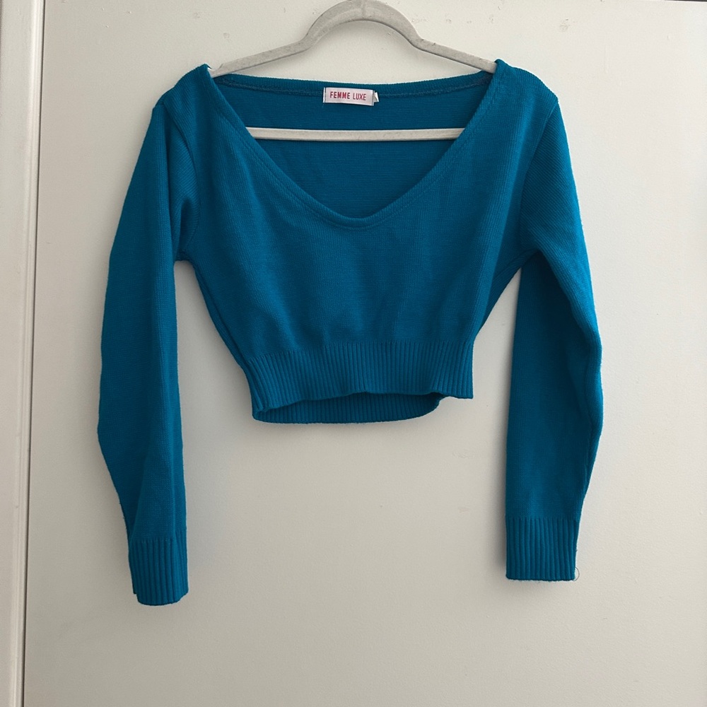Blue V-Neck Cropped Sweater